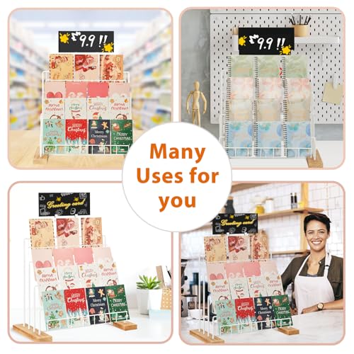 Greeting Card Display Stand, 4-Tier Greeting Card Organizer for Cards, Postcard, Photos, Brochure, Sticker, Trading Cards, Metal & Wooden Retail Display Rack for Vendors Counter Retail (White) - color: White