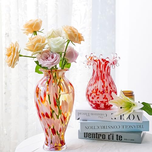 QFkris Hand Blown Glass Vase for Flowers, 12 Inch Tall Crystal Flower Vases for Bouquet Home Decor Decorative Centerpieces, Unique Galentines Day Gift, Gift for Her Lover Girlfriend - style: Tall