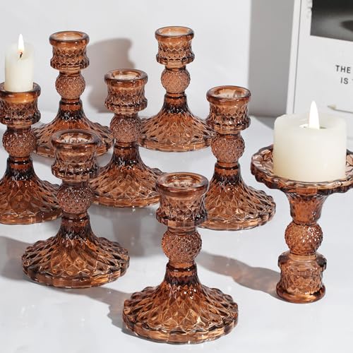 12Pcs Amber Candlestick Holders Set- 4" H Taper Candle Holders Bulk, Glass Candle Holders for Wedding, Party, Fall Dinner Table Centerpieces, Festival Gifts & Windowsill Decor - color: Amber Dimond Pattern