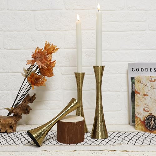 Taper Candle Holders Metal Candlestick Holders Set of 3 Table Mantel Decorative Candle Stand for Dinning,Party，Wedding,Home Decor(Brass Gold) - color: Brass Gold