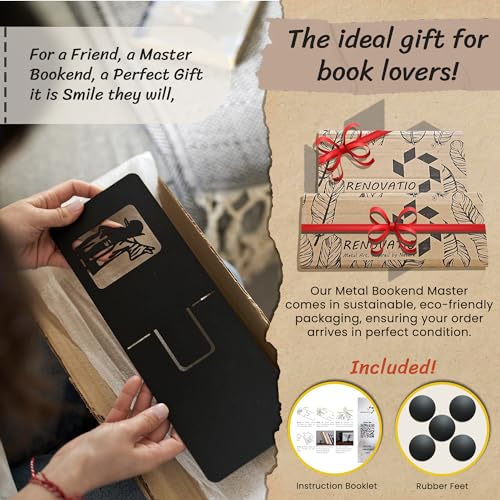 Renovatio Black Metal Bookend – Cute, Unique, Geeky Decor for Home, Office & Kids Room – Heavy Duty, Non-Slip Minimalist Bookends for Shelves – Master - style: Master