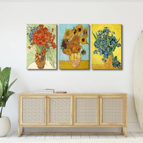 Wieco Art 3 Panels Canvas Prints of Vincent Van Gogh Paintings Reproduction Red Poppies and Daisies Irises in Vase Sunflower Canvas Wall Art for Living Room Home Office Decor - color: Flowers, size: 16 x 24 inches (Unframed)