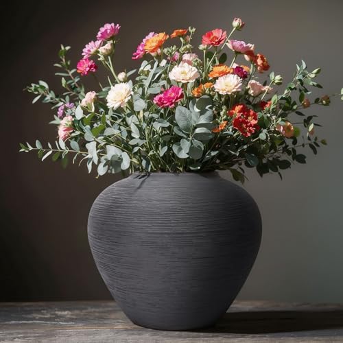 Rustic Black Ceramic Vase with Textured Finish, Large Round Terracotta Vases for Farmhouse Home Decoration, Wide Mouth Vintage Pottery Vases for Living Room, Kitchen, Table Centerpieces - size: Small