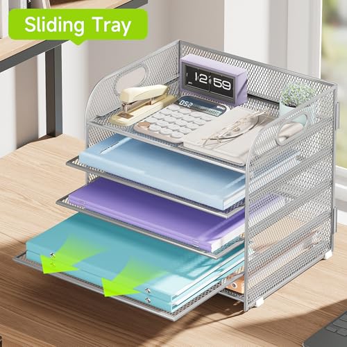 Cawukege 5 Tier Paper Organizer with Handle, Silver Metal Mesh Desk Organizer File Folder Paper Letter Tray Desktop Document Sorter for Classroom, School, Office Accessories Organization and Storage - color: Silver