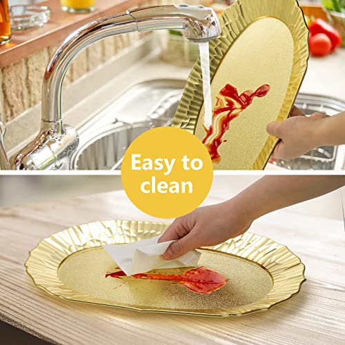 AVLA 6 Pack Plastic Serving Tray, Gold Serving Platter Set, Reusable Party Snack Serving Tray, Decorative Food Appetizer Platters for Dessert Table, Cupcake, Charcuterie, Cookies, 14" x 8.5"