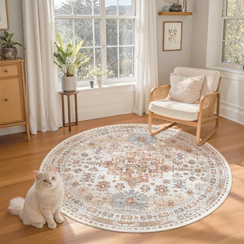 zesthome Washable Round Rug - 5ft Ultra-Thin Circle Area Rugs, Vintage Non-Slip Low Pile Rug for Living Room, Stain Resistant Rug for Bedroom, Entryway, Kitchen, Nursery - color: Orange, size: 5' (Round)