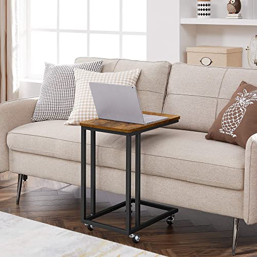 VASAGLE End Table, C Shaped TV Tray with Metal Frame Rolling Casters, Industrial Side Table for Living Room Bedroom, 19.7 x 13.8 x 23.6 Inches, Rustic Brown and Black - color: Rustic Brown + Black