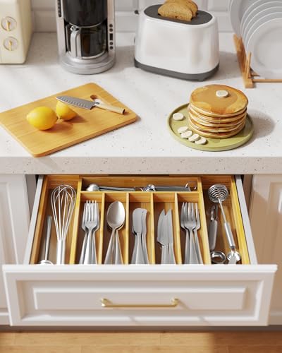 Kitsure Silverware Organizer - Expandable Bamboo Kitchen Drawer Organizer for Cooking Utensils and Cutlery, Sturdy & Thickened Kitchen Organizers and Storage Solution, Large, Natural - color: Natural, size: Large