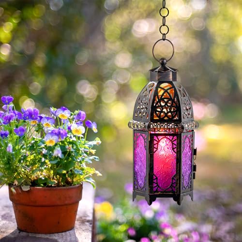 Halloween Decorations Indoor, Purple Decorative Candle Lantern for Moroccan Light Decor, 12.8’’ Vintage Metal Hanging&Tabletop Lantern, Ramadan Lantern for Home Outdoor Patio(Purple) - color: Purple - 12.8''h, size: Large