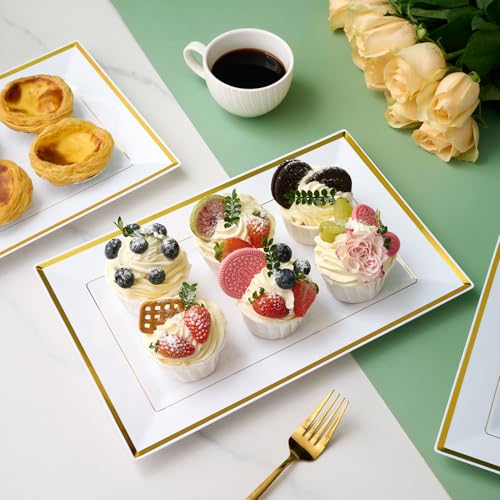 FOCUSLINE 8 PCS Plastic Serving Trays, White and Gold Rim Plastic Serving Platters, Disposable Tray for Food, Perfect for Wedding Parties - color: White