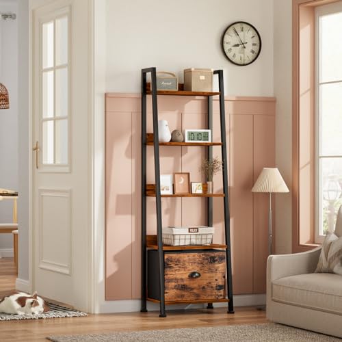 Furologee 5-Tier Ladder Shelf, Ladder Bookshelf with Removable Drawer, Rustic Bookcase Storage Rack Organizer, Wood Metal Freestanding Storage Shelf for Living Room, Home Office, Bedroom, Balcony - color: Rustic Brown, size: 5-Tier, 15" W