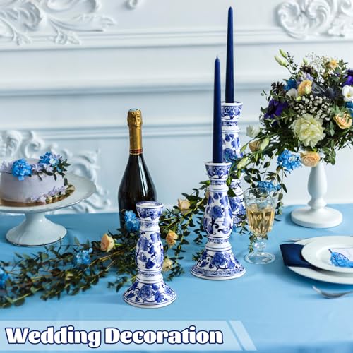 Soaoo Set of 3 Blue and White Porcelain Ceramic Pillar Candle Holder Chinoiserie Pillar Candle Holders Candlestick Decoration for Wedding Party Fireplace Table Home Centerpiece