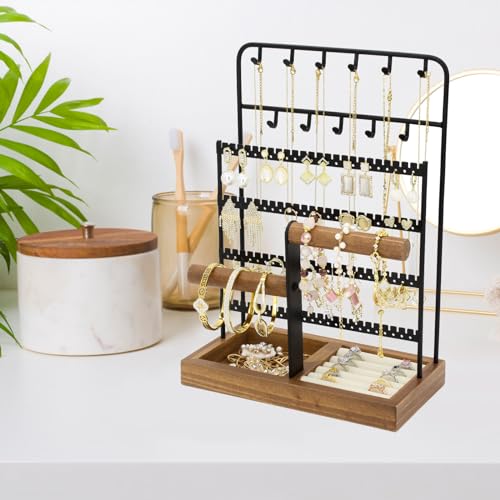 Jewelry Holder Organizer Stand 4-Tier Necklace Stand Earring Holder with Wooden Tray, Jewelry Rack for Bracelets Watches and Rings Display Stand, Gifts for Women & Girls-Black - color: Tray&Black