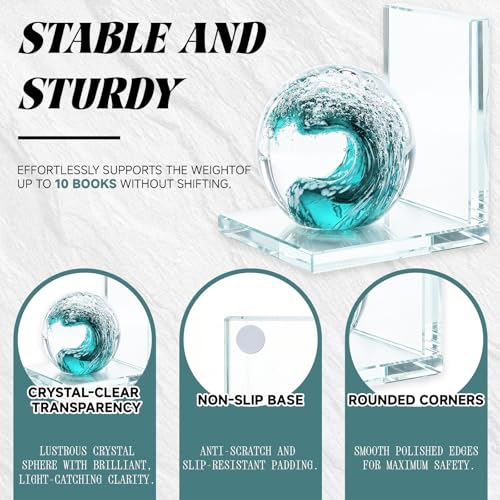 Decorative Bookends for Shelves, Hand Blown Ocean Crystal Ball Unique Bookends for Heavy Books, Office Desk Decor, Ideal for Ocean Lovers (Dark Green) - color: Dark Green