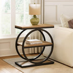 LITTLE TREE 3-Tier End Table, Side Table with Storage Shelves, Small Sofa Side Table for Living Room, Wooden Side End Table with Double Round Metal Legs, Slim Nightstand and Bedside Table, Oak - color: Oak