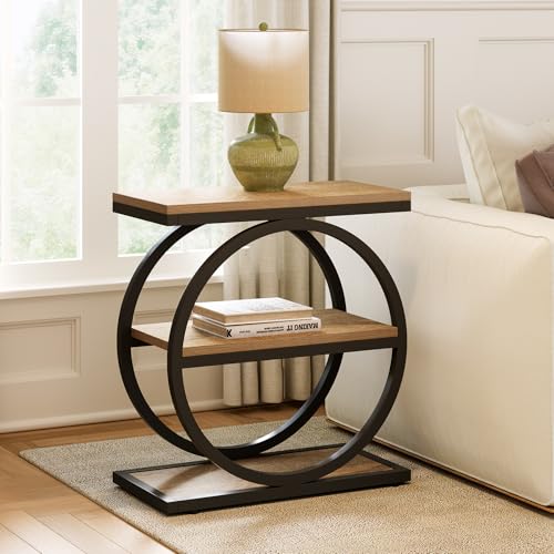LITTLE TREE 3-Tier End Table, Side Table with Storage Shelves, Small Sofa Side Table for Living Room, Wooden Side End Table with Double Round Metal Legs, Slim Nightstand and Bedside Table, Oak - color: Oak