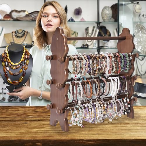 Two-Sided Wooden Jewelry Bracelet Holder Display Stand with 6 Removable Holders - 3 Tier Bar Bangle Organizer Perfect for Organizing and Showcasing Bracelets, Watches, and Accessories - style: 6 Tier-Brown