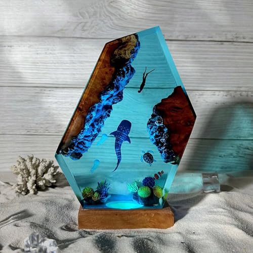 Ocean Creative Epoxy Resin Wood Light Lamp, Handmade Multi Color Aquatic Ocean Lamp Deep Sea Diver Cave Diving Enthusiasts Led Night Light Desktop Decor Christmas Birthday Gift (Shark And Diver, S) - color: Shark and Diver