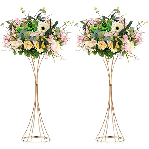 NUPTIO 2 Pcs Trumpet Vases for Centerpieces 26in Tall Gold Vase, Wedding Centerpieces for Tables, Artificial Arrangement Flower Stand for Anniversary Party Birthday Event Aisle Home Reception Decor - size: 26 inch Tall