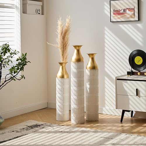 Floor Vases, Tall Home Decor Metal Vase Set of 3 Large Glazed Decorative Vases for Wedding Decor, Elegant Modern Flower Holder for Living Room, Entryway, Hallway, Dining Room - color: Ribbed Ivory Gold
