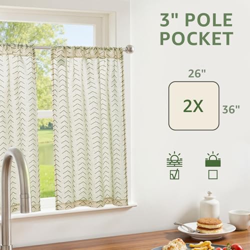 jinchan Boho Linen Blend Kitchen Curtains 36 Inch Length Herringbone Printed Tier Curtains for Small Windows Bathroom Cafe Laundry Room Set of 2 Rod Pocket Green on Linen - color: Arrow | Green on Linen, size: 26"W x 36"L (Pack of 2)
