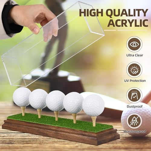 Hole in One Golf Ball Display Case Golf Ball Display Case Holder for 5 Golf Balls Wanult Wood Base Acrylic Golf Ball Holder Stand Lifelike Turf Wood Tee Memorabilia Showcase Cube Box Stand Gift Decor