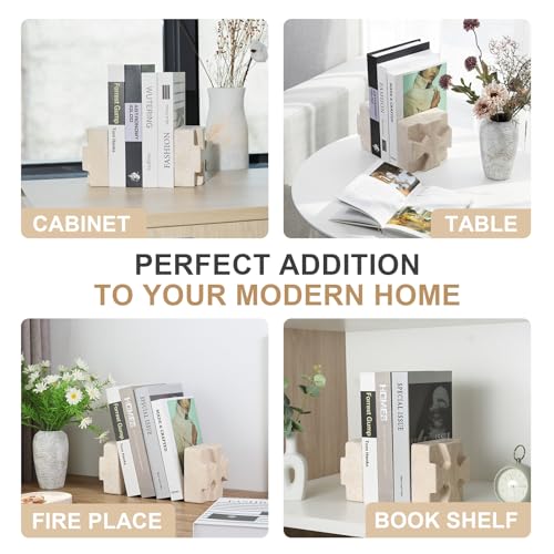 Decorative Square Marble Bookends for Heavy Books – Unique Book Ends for Shelves – Modern Aesthetic Book Holder/Stopper with Non-Slip Pads for Chic Home, Office, or Library Decor(Travertino Turkey) - style: Square-Beige