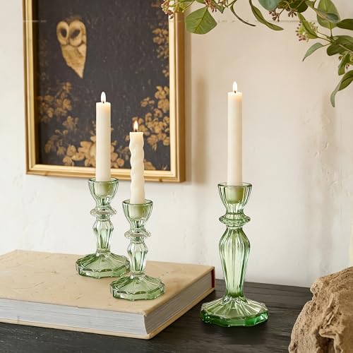 Glass Candlestick Holders Set of 3, Green Stripe Taper Candle Holders for Table Centerpiece, Home Decorations, Wedding and Party - color: Green