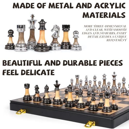 Luxury Large Metal & Acrylic Chess Set with Wooden Chess Board (17”) – Weighted Chess Pieces with 3.5” King, Foldable Tournament Chess Set for Adults & Kids, Professional Chess Game Set