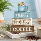 Lineshading 4 Pcs Summer Table Decorations Wooden Beach Coffee Decor Summer Tiered Tray Decor Farmhouse Crabby Before Coffee Crab Block Signs Gifts for Beach Nautical Party Home Office Decorations - style: Beach Coffee