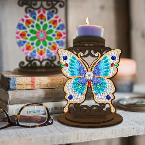 BAYUNOE DIY Candlestick Holders Wooden Desktop Diamond Art Painting Candle Holder Double-Sided Diamond Vintage Modern Decorative for Table Mantel Wedding Dinning Party-Blue Butterfly01 - color: Blue Butterfly01