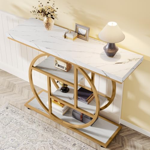 Tribesigns 41.3" Console Table, Industrial 4-Tier Sofa Entryway Table with Circle Base, Narrow Wood Accent Tables with Storage Shelves for Living Room, Hallway, Foyer, White Gold - color: White Gold