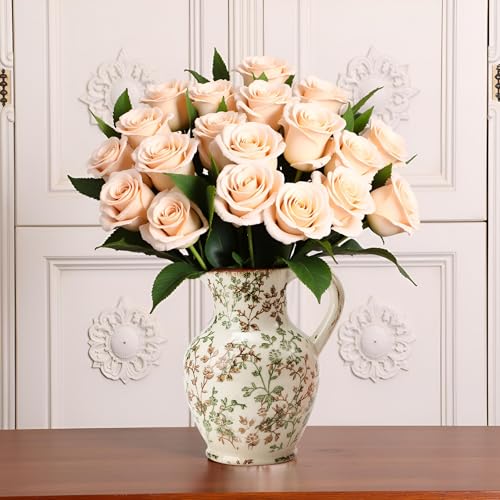 SIDUCAL Ceramic Vase with Handle, Vintage Vase, Chinoiserie Floral Vase for Home Decor, Table, Living Room, Shelf, Christmas Decoration (Green and Beige) - color: Green and Beige