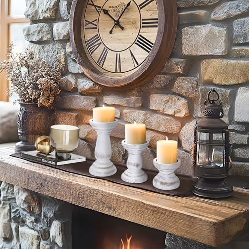 Candle Holder for Pillar Candle Set of 3, Farmhouse Wood Candle Holder, Rustic Wooden Candle Stand, Decorative Wood Candlestick Holders for Living Room, Table Centerpiece (RusticWhite) - color: Rusticbrown, size: Set of 3