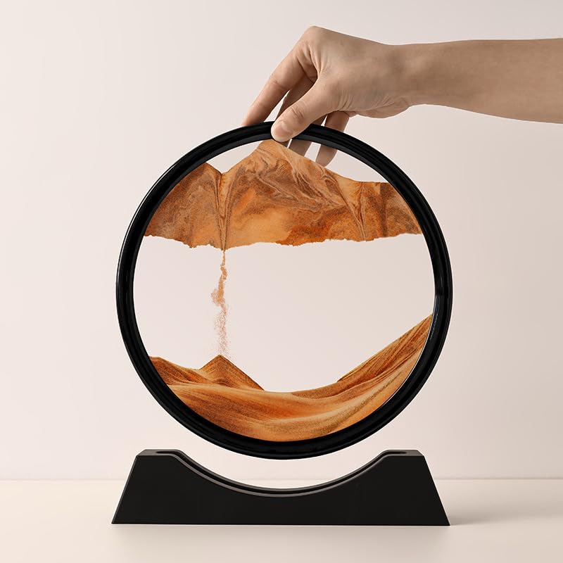 Moving Sand Art Liquid Motion, 3D Deep Sea Sandscape Color Quicksand Decor, Round Glass Moving Sand Art Picture Relaxing Desktop Home Office Work Decor (12 inch-Yellow) - color: Yellow, size: 12 Inch