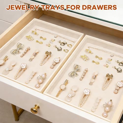 Beige Velvet Jewelry Tray for Drawers Black Jewelrys Display Tray Stackable Jewelry Organizer Trays for Necklace Bracelet Ring Watch (2 Pack) - color: Beige