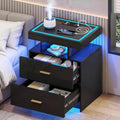 LED Nightstand with Wireless Charging Station - Modern Night Stand with Lights, Glass Top Bedside Table with Drawers for Bedroom, Glossy End Table with Human Body Induction (Black) - color: Black 2 Drawers-glass Top
