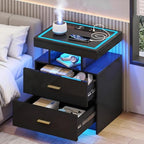 LED Nightstand with Wireless Charging Station - Modern Night Stand with Lights, Glass Top Bedside Table with Drawers for Bedroom, Glossy End Table with Human Body Induction (Black) - color: Black 2 Drawers-glass Top