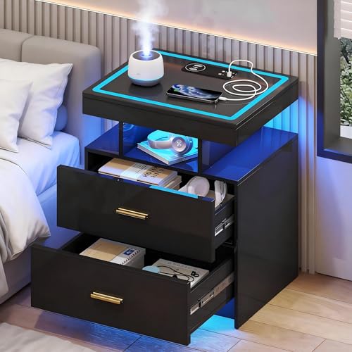 LED Nightstand with Wireless Charging Station - Modern Night Stand with Lights, Glass Top Bedside Table with Drawers for Bedroom, Glossy End Table with Human Body Induction (Black) - color: Black 2 Drawers-glass Top