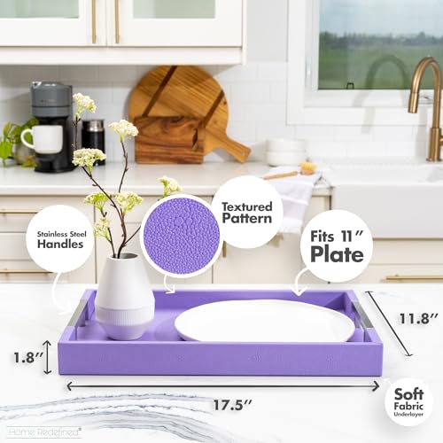 Modern Elegant 17.5"x12" Rectangle Purple Lavender Shagreen Faux Leather Decorative Tray Ottoman Coffee Table Perfume Living Room Kitchen Serving Tray with Silver Metal Handles by Home Redefined - color: Lavender/Silver