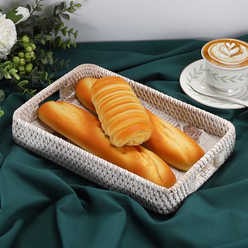 Hipiwe Hand Woven Tray with Handle Whitewash Rattan Serving Tray for Storage Rectangular Wicker Basket Tray for Key Remote Fruit Dessert Plate, 11.8 x 7.9 x2 Inch - color: Whitewash, size: 11.8" x 7.8" x 1.9"