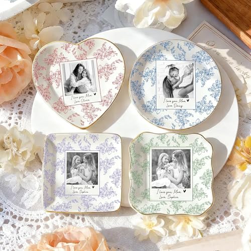 Custom Photo Jewelry Dish Heart Shaped Ceramic Ring Holder Toile de Jouy Decorative Trinket Tray Personalized Picture Keepsake Bowl Mother Day Present for Mommy Grandma Wife Daughter Her Birthday - color: Design 05