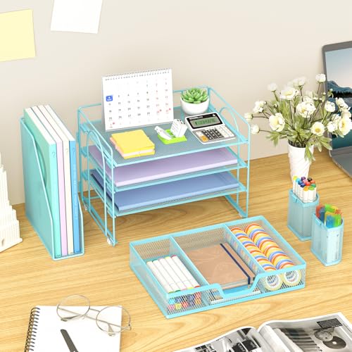 Marbrasse Desk Organizer and Accessories，4-Tier Paper Letter Tray Organizer with File Holder, Desk Accessories & Workspace Organizers with Drawer and 2 Pen Holder (Blue, 15.4" x 9.1" x 8.3") - color: Blue