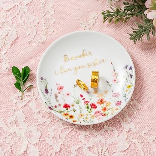 Crisky Jewelry Ring Dish for Sister Birthday Gifts, Thinking of You Gift for Sister Thanksgiving Day Christmas Graduation Gift Ideas (I Love You Sister) Floral Thrinket Tray - style: Sister I Love You