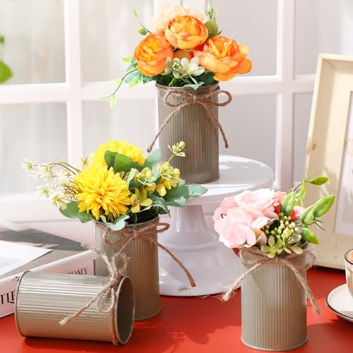 Rustic Vase for Table Centerpieces 4.33 Inch Small Petite Flower Vase with Twine Bow Vintage Farmhouse Decor for Wedding Reception Dining, Home Galvanized Metal Buckets(Brown,12 Pcs) - color: Brown