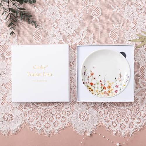 Crisky Flower Trinket Dish Jewelry Tray & Gift Box, Ceramic Ring Dish for Rings Earrings Necklaces Keys, Bridal Shower Engagement Birthday Gift for Women, Friends 4.57" - style: WildFlower Blank