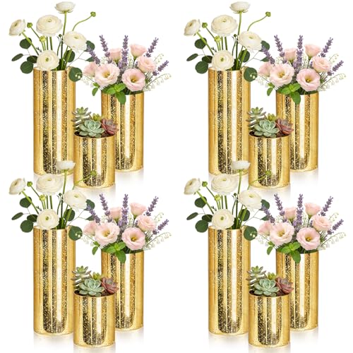 12 Pcs Gold Cylinder Vases for Centerpieces Mercury Vase Hurricane Vase Bulk Acrylic Round Wide Container for Flowers Home Office Wedding Table Decorations (4''/6''/8'') - color: Gold, size: 4''/6''/8''