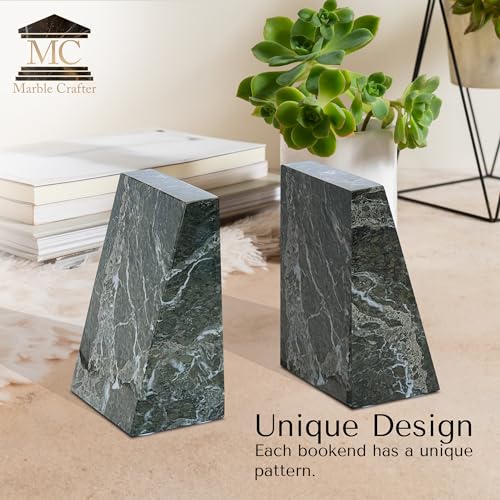 Modern Wedge Marble Bookends – Hand Carved, Polished Stone Bookends w/Non-Slip Rubber Pads – Lightweight & Compact Decorative Bookends (Green) - color: Green