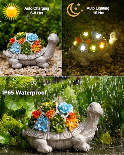Nacome Solar Garden Outdoor Statues Turtle with Succulent and 7 LED Lights - Lawn Decor Statue for Patio, Balcony, Yard Ornament - Gifts for Mom Grandma Women - color: Grey Turtle