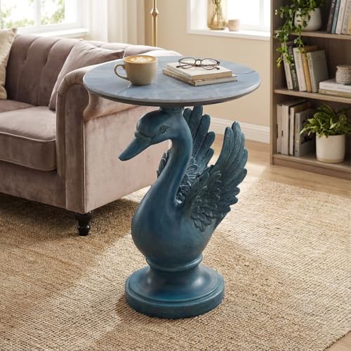 Luxurious Swan Side Table - 20" Premium Faux Marble Accent Table with Hand-Finished Resin Swan Statue Base - High-End Round End Table for Upscale Living Room, Master Suite - Tool-Free - color: Blue Swan